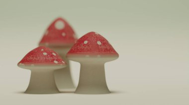 Yumuşak bir pastel zemin üzerine beyaz noktalar yerleştirilmiş üç kırmızı mantarın yatay makro çizimi, yüzey dokusunu ve doğal bileşimlerde yuvarlak kapsülleri gösterir