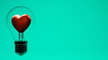 Yeşil arka planda cam ampulün içinde kalp şeklinde iplik olan ampul metal tabanı ve destek kablosunu gösteriyor.