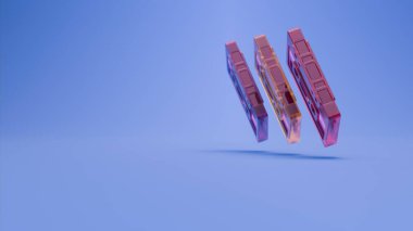 Pırıl pırıl şeffaf plastikle yapılmış Retro ses kasetleri uzayda pürüzsüz bir mavi arkaplan, renklendirme formu, canlı renk ve nostaljik teknoloji üzerine askıya alınmış veya hizalanmış gibi görünür.