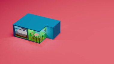 Mavi dış görünüşü ve cam duvarları olan küçük, modern bir evin resmi. Pembe arka planda bir yatak odası ve yemek odasını gösteriyor. Tasarım minimalist ve parlak, zıt renkler kullanıyor