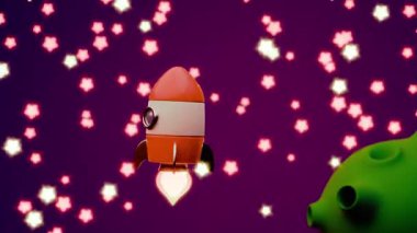 Arkaplanı pembe parlak yıldızlarla dolu yeşil bir gezegene yakın uçan bir roketin 3 boyutlu döngü videosu.