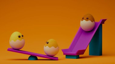 Üç tüylü beyaz yumurta kabuklarından bakan üç tüylü sarı civcivli üç boyutlu minimalist bir sahne: ikisi mor bir döner üzerinde tahterevalli üzerinde dengeli ve biri turuncu bir zemin üzerinde eşleşen mor bir slayt üzerinde tünemiş