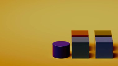 Pırıl pırıl mor bir silindir pürüzsüz sarı bir yüzeyde iki renkli kübün yanında oturur. Yumuşak gölgeler bırakır ve temiz bir üç boyutlu tasarım kompozisyonunda ince yansımalar oluşturur.