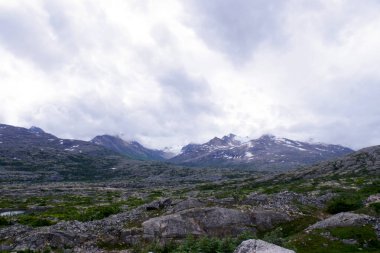 Alaska 'da kayalık arazi, dağınık yeşillik ve karla kaplı tepelerle karakterize edilmiş engebeli ve nefes kesici bir dağ manzarası. Bulutlu gökyüzü dramatik manzaraya karamsar bir dokunuş ekliyor, unto 'nun saf güzelliğini vurguluyor.