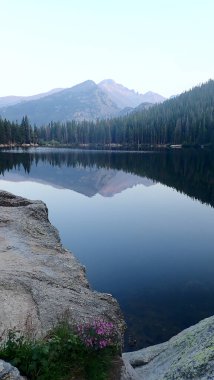 Kristal berrak göl, çam ormanlarını ve engebeli dağ tepelerini yansıtıyor. Hareketli kır çiçekleriyle kayalık bir ön plan huzur sahnesine cazibe katar..