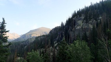 Evergreen ile benekli görkemli uçurum ve aydınlık bir sabah gökyüzünün altında uzak bir tepe. Seyahat, doğa ya da alp macera temaları için mükemmel.