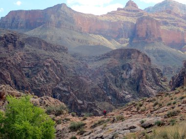 A hiker in a red jacket makes their way through the vast and rugged expanse of the Grand Canyon along the Bright Angel Trail. The immense rock formations tower above, showcasing layers of geological history sculpted over millions of years. The green  clipart