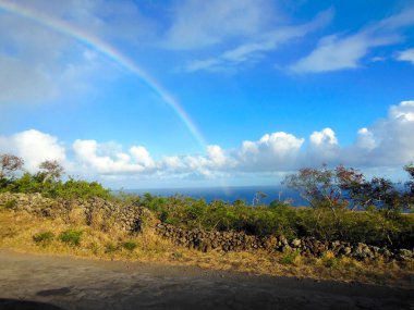 Uçsuz bucaksız mavi gökyüzünün altında dramatik bulutlarla Kilauea Krateri 'nin çarpıcı manzarası. Bu engebeli volkanik arazi yemyeşil bitki örtüsüyle çelişiyor..