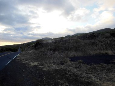 Karanlık çöktüğünde Maui 'nin uzak köşelerinde, kuru otlar ve yuvarlanan tepelerle çevrili sessiz, dolambaçlı bir yol. Kasvetli gökyüzü bu engebeli ada manzarasına derinlik katıyor..