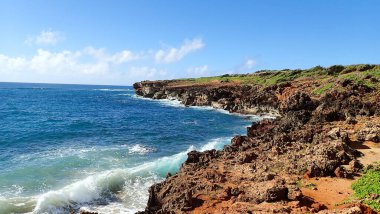 Güçlü okyanus dalgalarının kırmızı renkli kayalıklara çarptığı engebeli bir kıyı şeridinin çarpıcı manzarası. Açık bir gökyüzünün altında derin mavi deniz ufka doğru uzanırken, kayalıkların tepesindeki yemyeşil yeşil kayalık kıyı şeridi ile çelişiyor. Ortak.