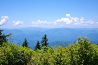 Blue ridge view of Smoky Mountains with forested hills and cloudy summer sky in the background