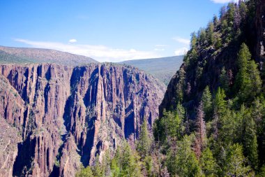 Saf kaya oluşumları Gunnison 'un Kara Kanyonu' nun derinliklerinden yükseliyor. Çerçeveli orman ve uzak tepeler tarafından çerçeveleniyor.