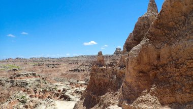 Güneşte kavrulmuş çorak topraklardan yükselen sivri kuleler uzak katmanlı açık mavi gökyüzünün altında
