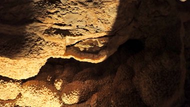 Close-up view of layered rock formations and textured mineral deposits on the ceiling of Jewel Cave, captured under soft artificial lighting.