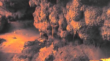 Dimly lit cave wall covered in bulbous dripstone formations with a smooth mud floor below, deep within Jewel Cave.