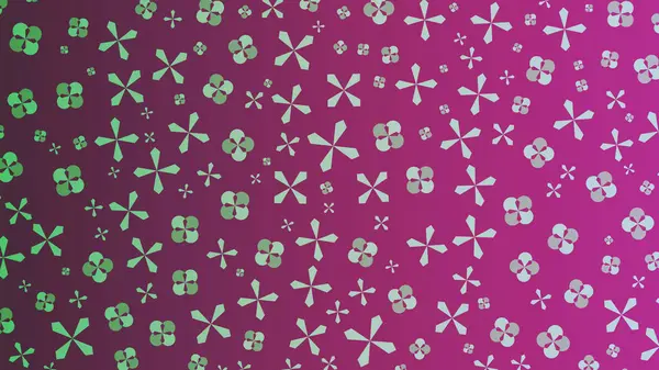Mor ve açık yeşil tonlarda, sınıflandırılmış arka planda, şekillendirilmiş çiçekleri ve yıldız patlaması şekillerini içeren tekrarlayan bir desen.