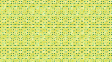 Benekli sarı bir zemin üzerinde noktalar ve elmaslar da dahil olmak üzere tekrarlayan küçük deniz mavisi geometrik şekilleri içeren canlı ve dokunsal bir desen.