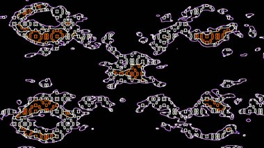 Çarpıcı, dört simetrik, organik şekilli, turuncu, beyaz ve mor çizgilerle parlayan soyut bir arka plan. Dijital sembollerle doldurulduğunda, geleceksel bir siber çakışma ya da virüs estetiği oluşturur.