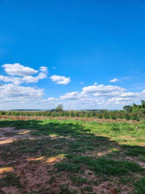 Açık mavi gökyüzünün altında, tüylü beyaz bulutlarla kaplı geniş yeşil bir alan. Manzara bir huzur ve özgürlük hissi veriyor..