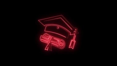 Akademik Başarı Sembollü parlak neon hattı mezuniyet şapkası şeffaf arkaplanda izole edilmiş, Neon hattı mezuniyet şapkası simgesi, mezuniyet töreni konsepti