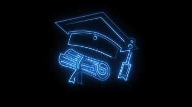 Akademik Başarı Sembollü parlak neon hattı mezuniyet şapkası şeffaf arkaplanda izole edilmiş, Neon hattı mezuniyet şapkası simgesi, mezuniyet töreni konsepti