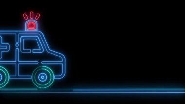 Parlayan neon ambulans ve acil durum arabası simgesi devam eden animasyon mavisi, Parlayan Acil Tıbbi Araç Sembolü Sağlık ve Seyrüsefer