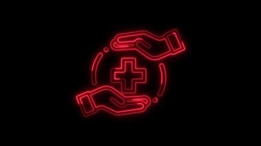 Neon tıbbi ve eczane artı el işaretli ikon izole kırmızı renk, Parlayan neon sağlık hizmetleri, tıbbi ve eczane işaret kavramı 