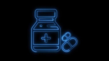 Parlayan neon tıp ikonu izole edilmiş mavi renk, Neon parlayan tablet ve hap basit ikon animasyonu, Neon kapsülü, hap, tablet, ikon