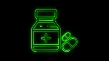 Parlayan neon tıp ikonu izole edilmiş yeşil renk, Neon parlayan tablet ve hap basit ikon animasyonu, Neon kapsülü, hap, tablet, ikon