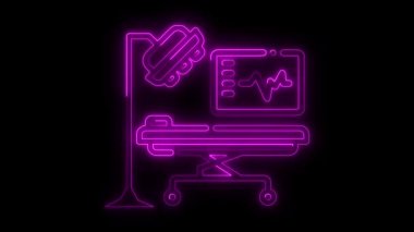 Parlayan neon cerrahi odası ikonu mor renkte, parlayan neon tıp yatağı, hastane çocuğu ikonu izole edilmiş, neon cerrahi odası konsepti