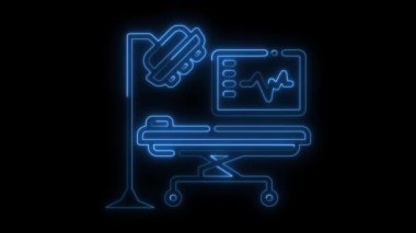 Parlayan neon cerrahi odası ikonu izole edilmiş mavi renk parlayan neon tıp yatağı hastane çocuğu ikonu izole edilmiş neon cerrahi odası konsepti