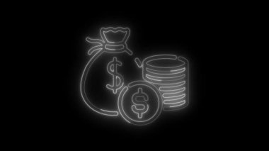 Parlak neon para çantası ve dolar ikonlu bozuk para izole edilmiş beyaz renk, dolar para çantası para neon animasyon, dolar sembolü animasyon animasyonu