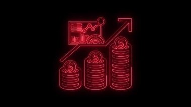 Neon Finansal Büyüme ve Dolar Sembolü ve Çubuk Grafik kırmızı renkli kar simgesi, dolar madeni para animasyonlu Neon çizgi grafik simgesi, mali kazanç grafiği, istatistik, grafik