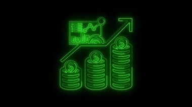 Neon Finansal Büyüme ve Dolar Sembolü ve Bar Grafik yeşil renkli kar simgesi, dolar madeni para animasyonlu Neon çizgi grafik simgesi, mali kazanç grafiği, istatistik, grafik