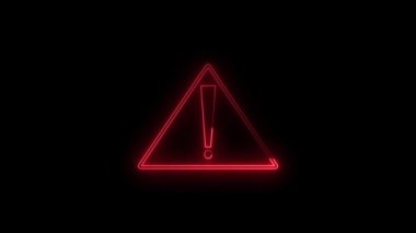 Siyah arkaplanda parlayan neon uyarı simgesi canlandırma kırmızı renk, tehlike sinyali simgesi, neon uyarı işareti, canlandırma uyarı simgesi neon etkisi