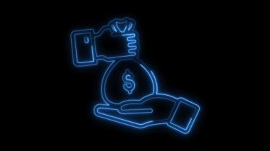 Doları başka bir ele koy Parlayan neon animasyon mavi renk, insan eli para torbaları ver dolar işaretli diğer insanlara