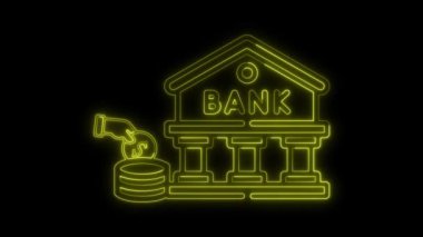 Neon hattı banka simgesi, tasarruf para, yatırım para animasyon konsepti sarı renk, kredi simgesi, finans simgesi, tasarruf para konsepti