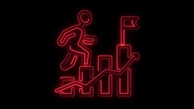 Neon Kişi Tırmanma Basamakları Başarı Bayrağı Canlandırma Kırmızı Rengi, Hedef Başarı simgesi Canlandırması Neon çizgi konseptiyle