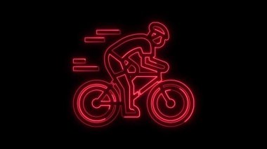 Neon piktogramcı adam bisiklet kırmızı rengine biniyor, bisiklet ikonu sürüyor, izole edilmiş işaret animasyonu konsepti, bisiklet ikonu