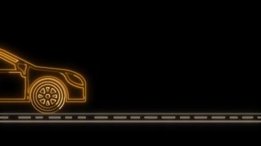 Yol üzerinde çalışan parlak neon araba animasyon sarı renk, ulaşım işareti simgesi konsepti neon