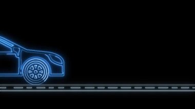 Yolda çalışan parlak neon araba animasyon mavi renk, ulaşım işareti araba simgesi konsepti neon