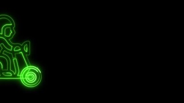 Teslimatçı motosiklet sürücüsü soyut neon animasyon gren rengi, motosiklet animasyon konseptine sahip neon parlayan teslimatçı çocuk ikonu.