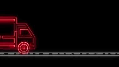 Kamyon neon ışığı yol kırmızı animasyonunda görünür, Kamyon simgesi yolda çalışır neon animasyon, neon taşıma işareti kamyon simgesi konseptinde