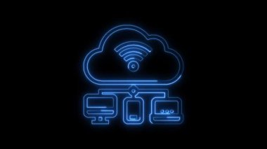 Parlayan neon hattı Bulut teknolojisi mavi renk animasyonunu izole etti, Bulut simgesi konsepti neon çizgi konsepti