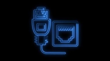 Parlak neon ethernet portu, Ağ portu canlandırma mavi renk, kablosuz ağ kablosu, LAN, ethernet port işareti, yerel alan bağlantı simgesi
