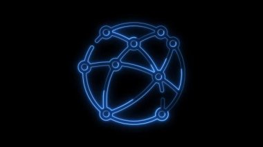 Neon Globe simgesi hareket animasyonu mavi renk, fütürist siber teknoloji görsel, neon lazer çizgileri dünya ikonu