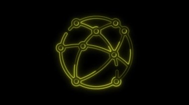 Neon Globe ikon hareketi animasyon sarı renk, fütürist siber teknoloji görsel, neon lazer çizgileri dünya ikonu