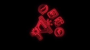 Sosyal medya platformlarında parlayan neon hattı tanıtım ve pazarlama simgeleri animasyon kırmızı renk, neon tanıtım ikonu, reklam ikonu konsepti