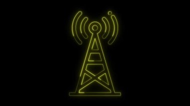 Parlayan neon sinyal kulesi zararlı sinyal dalgaları yayıyor sarı renk, Radyo kulesi simgesi elementleri neon animasyon konsepti