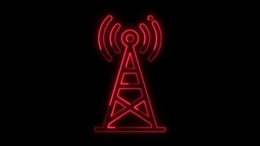 Parlayan neon sinyal kulesi zararlı sinyal dalgaları yayıyor kırmızı renk, Radyo kulesi simgesi elemanları neon animasyon konsepti